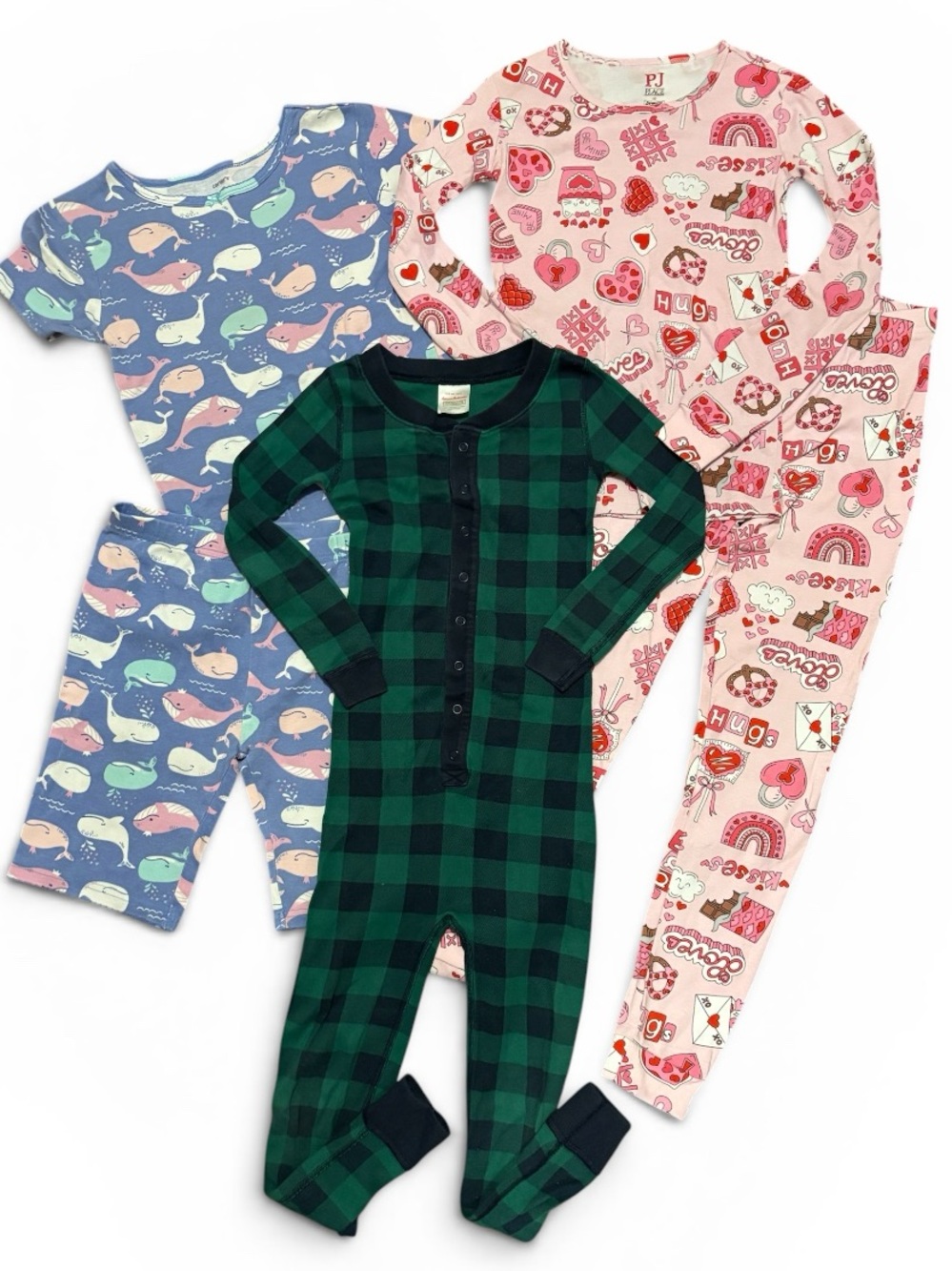 Kids 3 PJ sets—size 5 (Hannah Andersson green), 8 (Carter’s whale), 10 (Place)